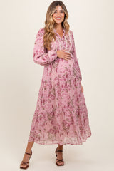 Pink Floral Lace Trim Maternity Maxi Dress