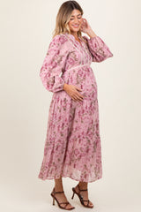 Pink Floral Lace Trim Maternity Maxi Dress