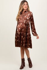 Brown Floral Velvet Button Down Maternity Midi Dress