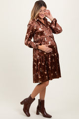 Brown Floral Velvet Button Down Maternity Midi Dress