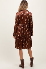 Brown Floral Velvet Button Down Maternity Midi Dress