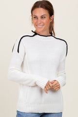 Ivory Mock Neck Contrast Piping Sweater