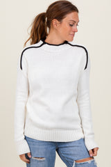 Ivory Mock Neck Contrast Piping Sweater