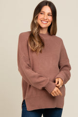 Brown Mock Neck Basic Maternity Sweater