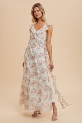 Ivory Floral Ruffled Chiffon Dress