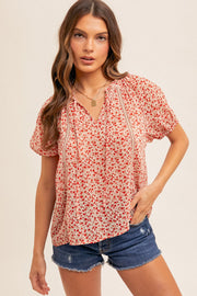 Blush Tie Detail Short Sleeves Floral Print Top