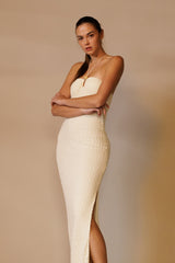 Cream Textured Knit Halter Neck Maxi Dress