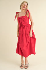 Raspberry Bow Front Scalloped Midi Dress