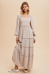 Beige Smocked Long Sleeve Ruffle Tiered Maternity Maxi Dress