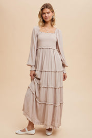 Beige Smocked Long Sleeve Ruffle Tiered Maxi Dress