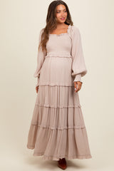 Beige Smocked Long Sleeve Ruffle Tiered Maternity Maxi Dress