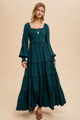 Forest Green Smocked Long Sleeve Ruffle Tiered Maternity Maxi Dress