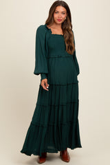 Forest Green Smocked Long Sleeve Ruffle Tiered Maternity Maxi Dress