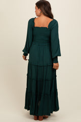 Forest Green Smocked Long Sleeve Ruffle Tiered Maternity Maxi Dress