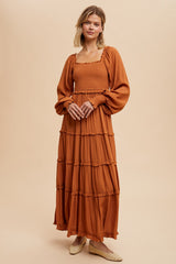 Camel Smocked Long Sleeve Ruffle Tiered Maternity Maxi Dress