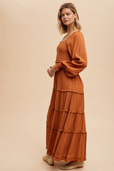 Camel Smocked Long Sleeve Ruffle Tiered Maxi Dress