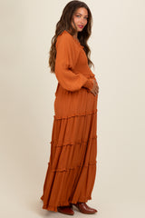 Camel Smocked Long Sleeve Ruffle Tiered Maternity Maxi Dress