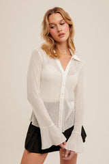 White Button Down Bell Sleeve Mesh Shirt