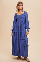 Periwinkle Smocked Long Sleeve Ruffle Tiered Maxi Dress