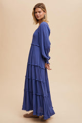 Periwinkle Smocked Long Sleeve Ruffle Tiered Maxi Dress