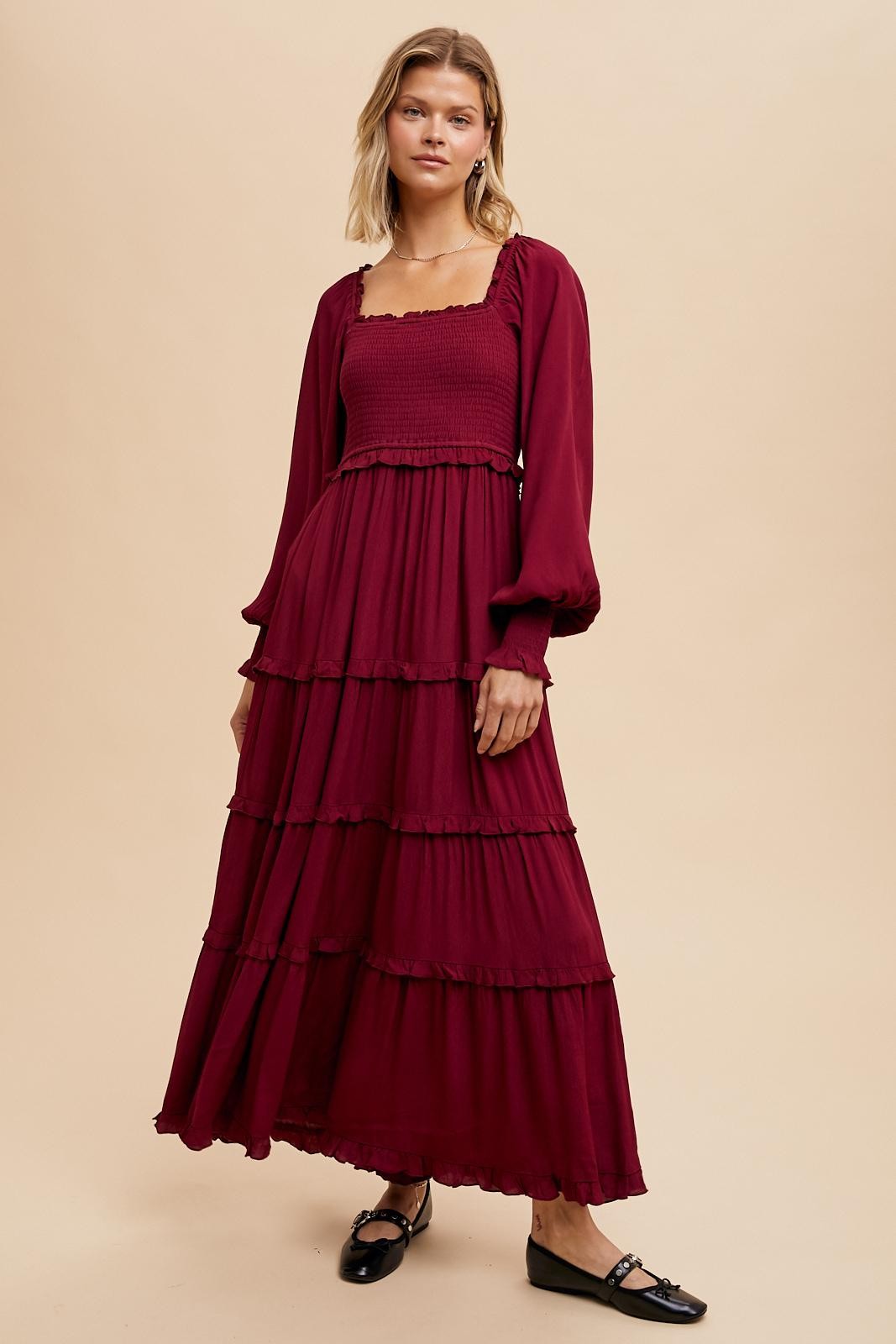 Burgundy Smocked Long Sleeve Ruffle Tiered Maxi Dress – PinkBlush