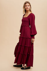 Burgundy Smocked Long Sleeve Ruffle Tiered Maxi Dress