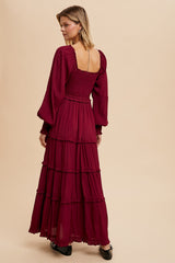 Burgundy Smocked Long Sleeve Ruffle Tiered Maxi Dress