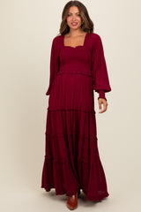 Burgundy Smocked Long Sleeve Ruffle Tiered Maternity Maxi Dress