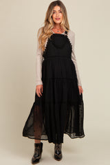 Black Overall Crochet Lace Tiered Maternity Dress