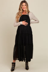 Black Overall Crochet Lace Tiered Maternity Dress