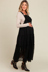 Black Overall Crochet Lace Tiered Maternity Dress