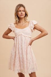 Light Pink Floral Lace Embroidered Puff Sleeve Dress