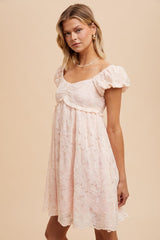 Light Pink Floral Lace Embroidered Puff Sleeve Dress