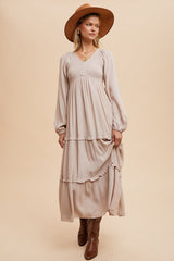 Beige Smocked V-Neck Ruffle Tiered Maternity Maxi Dress