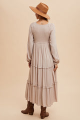 Beige Smocked V-Neck Ruffle Tiered Maxi Dress