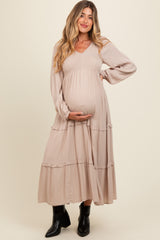 Beige Smocked V-Neck Ruffle Tiered Maternity Maxi Dress