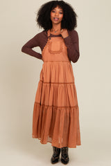 Camel Overall Crochet Lace Tiered Dress