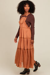 Camel Overall Crochet Lace Tiered Dress