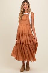 Camel Overall Crochet Lace Tiered Maternity Dress