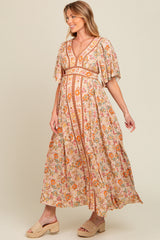 Ivory Floral Border Print Flutter Sleeve Maternity Maxi Dress