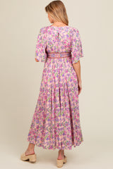 Light Pink Floral Border Print Flutter Sleeve Maternity Maxi Dress