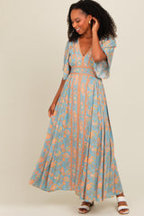 Blue Floral Border Print Flutter Sleeve Maxi Dress