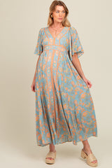 Blue Floral Border Print Flutter Sleeve Maternity Maxi Dress