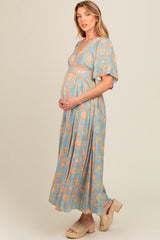 Blue Floral Border Print Flutter Sleeve Maternity Maxi Dress