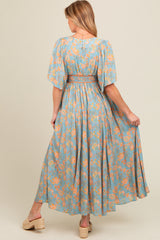 Blue Floral Border Print Flutter Sleeve Maternity Maxi Dress