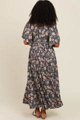 Navy Blue Floral Border Print Flutter Sleeve Maxi Dress