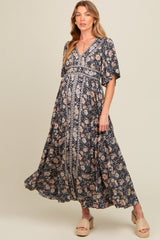 Navy Blue Floral Border Print Flutter Sleeve Maternity Maxi Dress