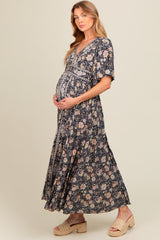 Navy Blue Floral Border Print Flutter Sleeve Maternity Maxi Dress