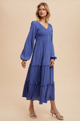 Blue Smocked Tiered Midi Dress