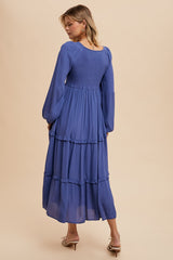 Blue Smocked Tiered Midi Dress